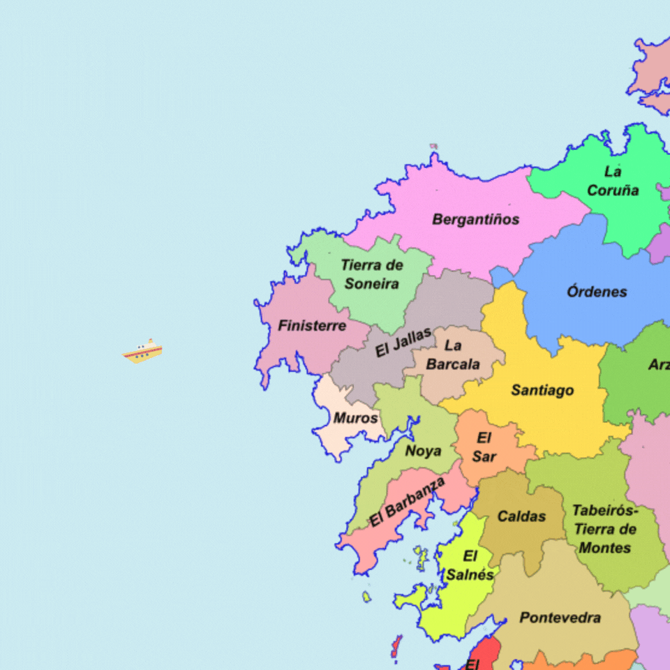 Mapa de Galicia mostrándose la expansión de la marea negra por la costa