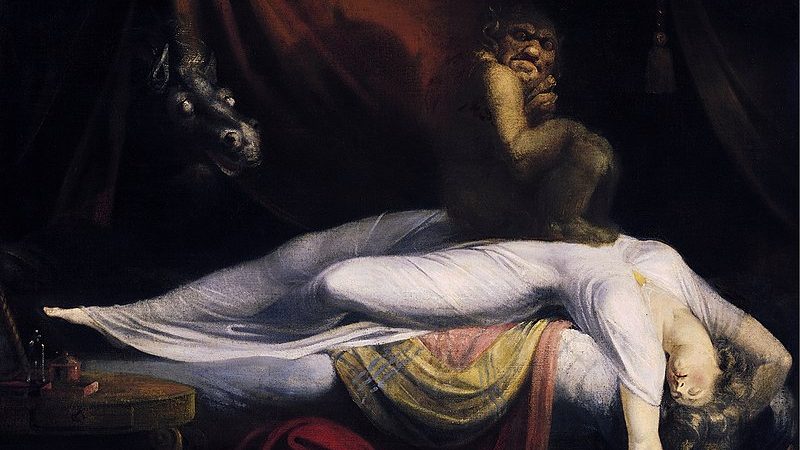 La pesadilla de Johann Heinrich Füssili, mujer dormida con un incubo encima y un caballo demonio observando la escena
